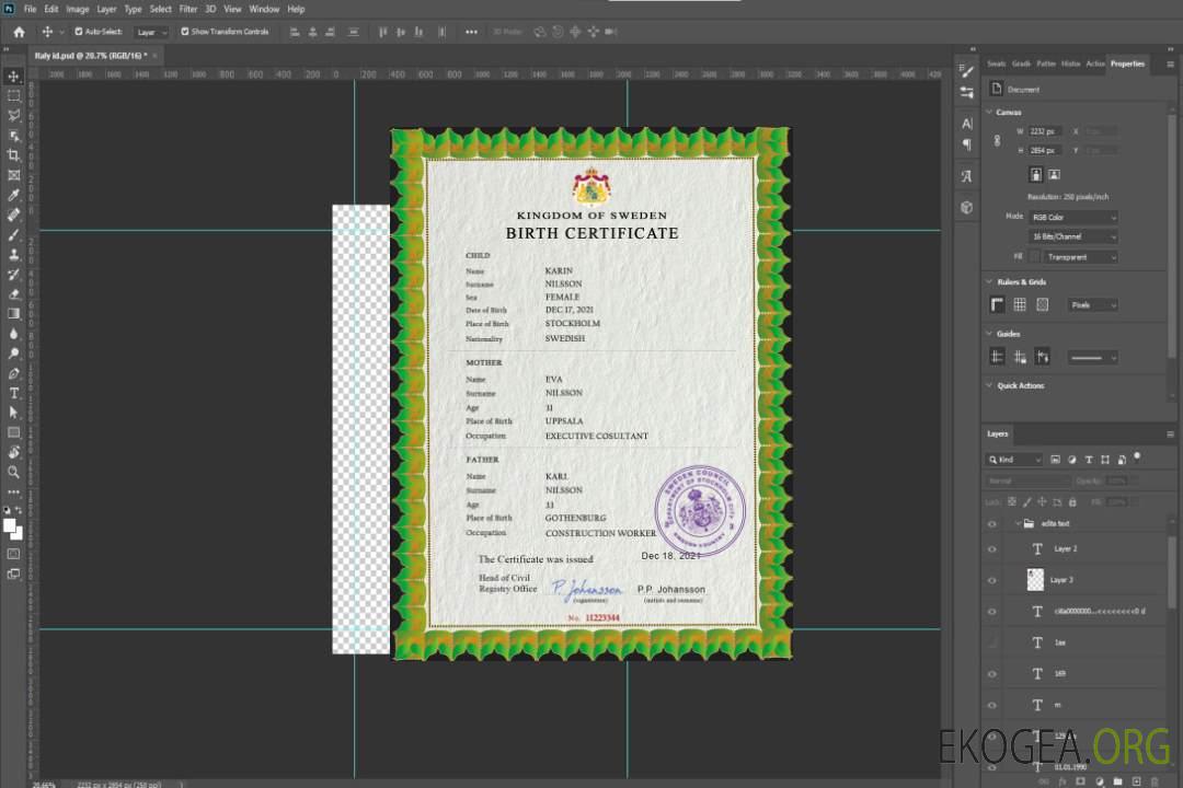 Modèle PSD de certificat de naissance de l'état civil de la Suède, entièrement modifiable template Modèle PSD de certificat de naissance de l'état civil de la Suède, entièrement modifiable template